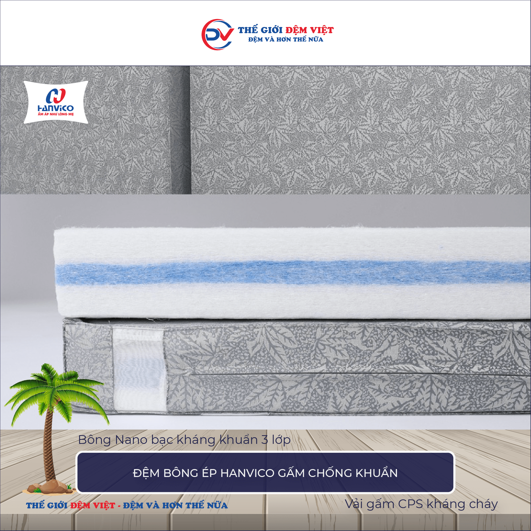 Đệm bông ép Hanvico gấm chống khuẩn 8-1