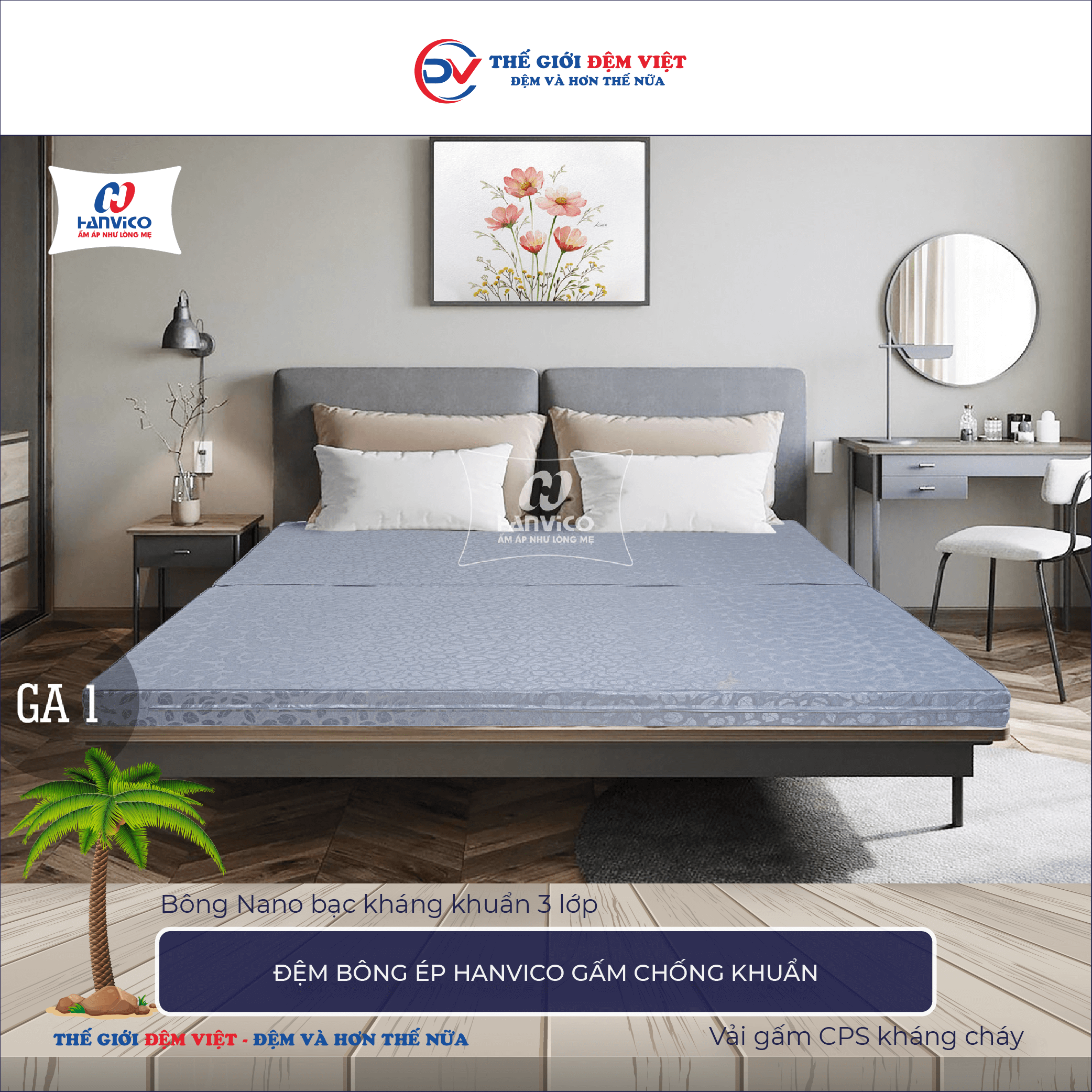 Đệm bông ép Hanvico gấm chống khuẩn-1