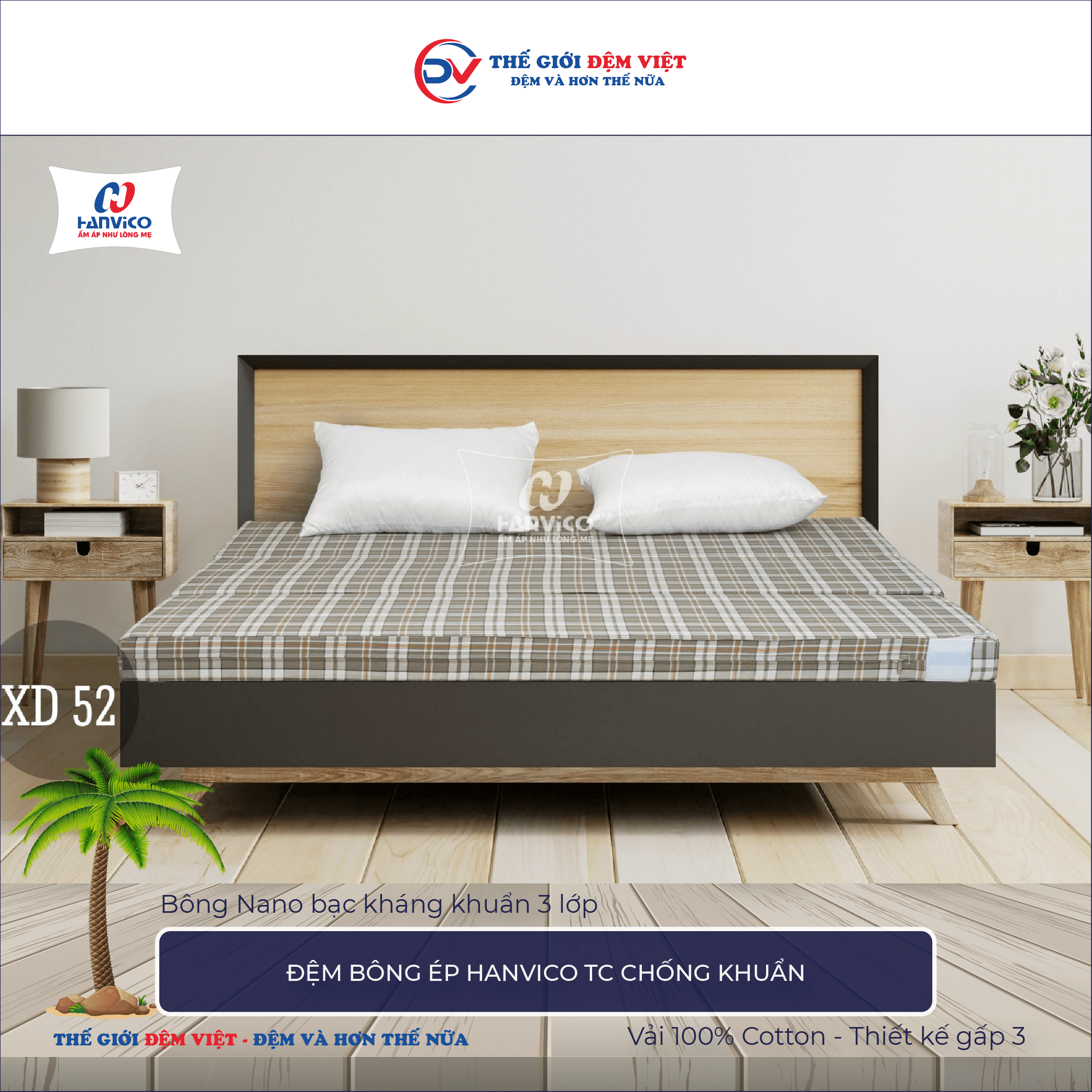 Đệm bông ép TC chống khuẩn Hanvico 1-1