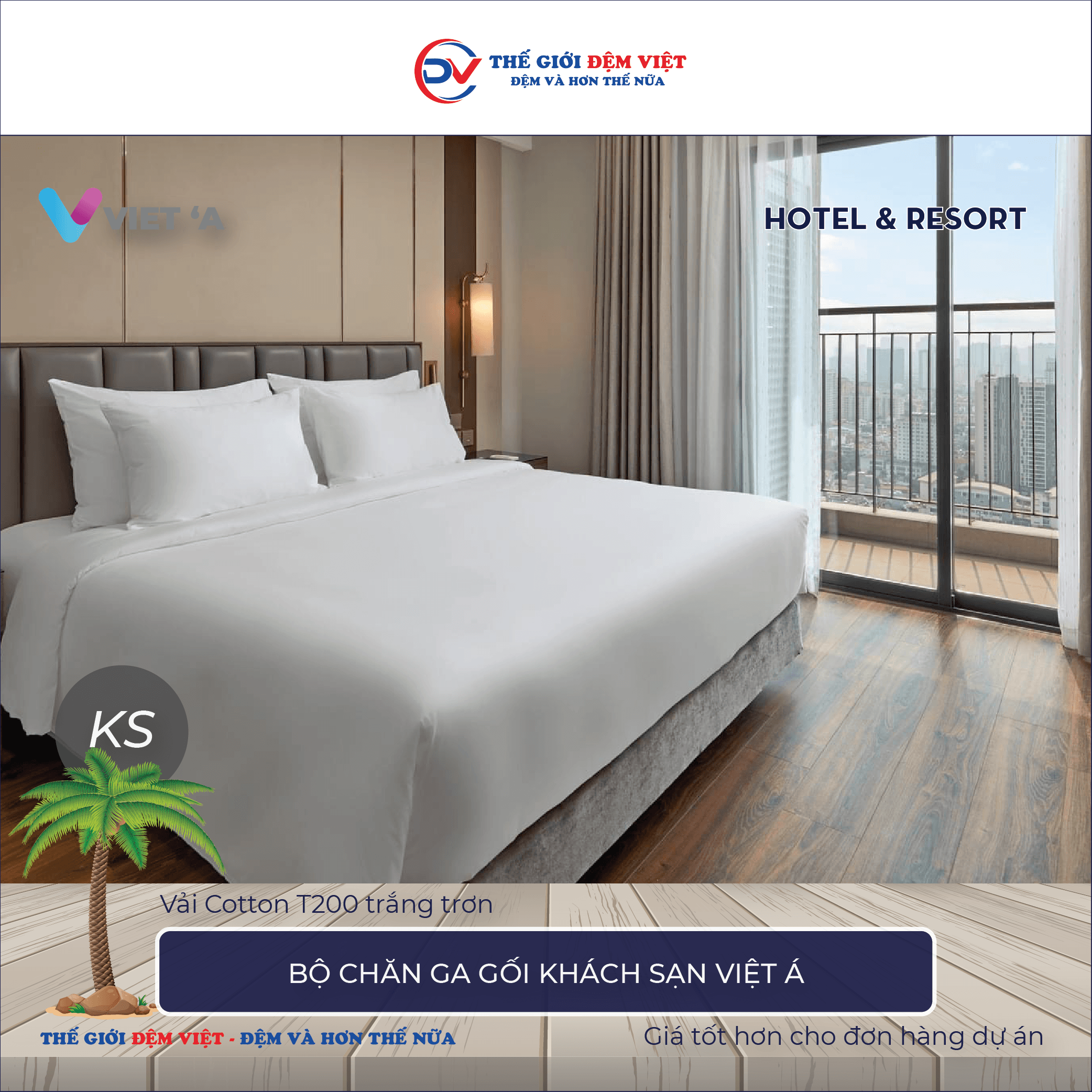 Bộ chăn ga gối khách sạn Việt Á Cotton T200 trắng trơn