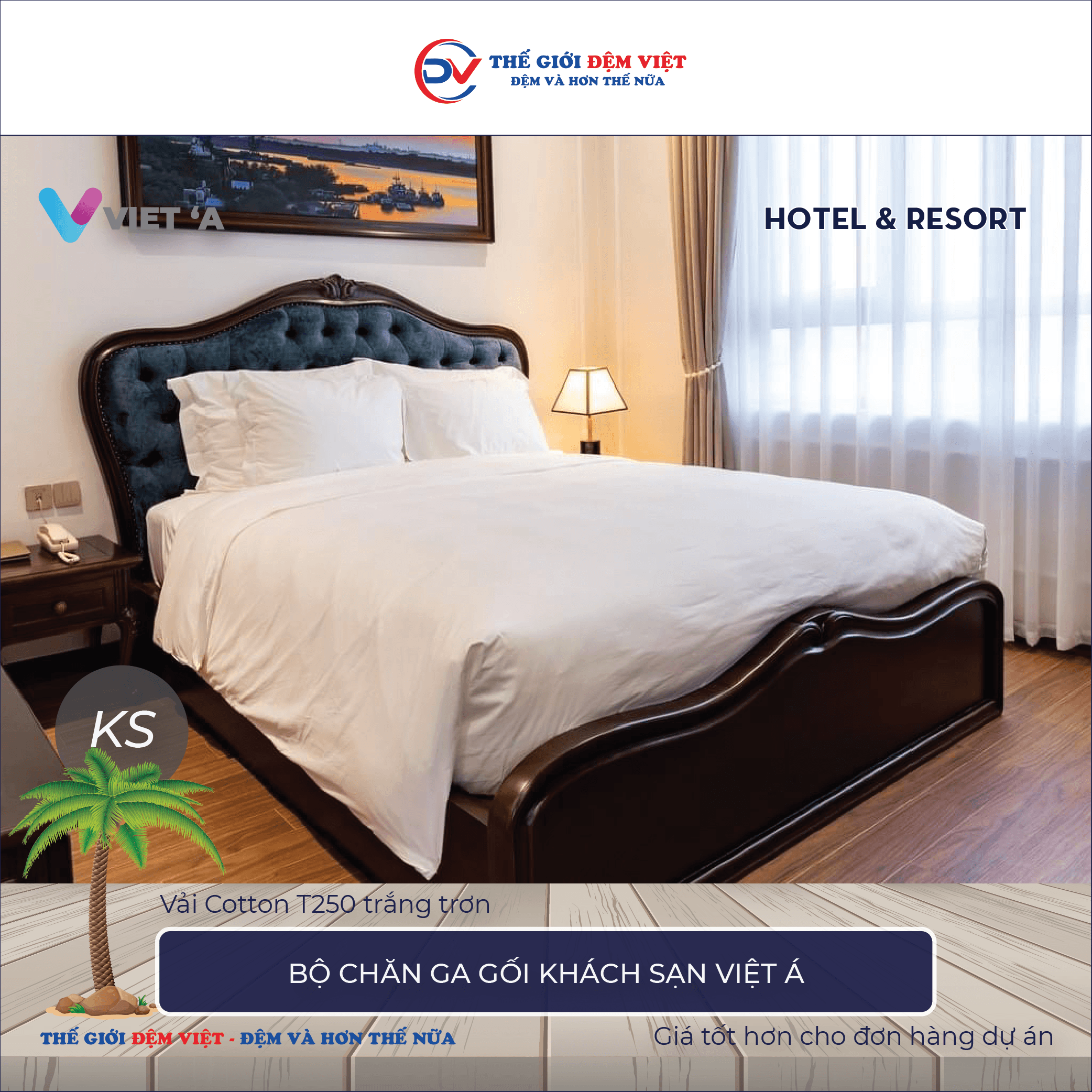 Bộ chăn ga gối khách sạn Việt Á Cotton T250 trắng trơn