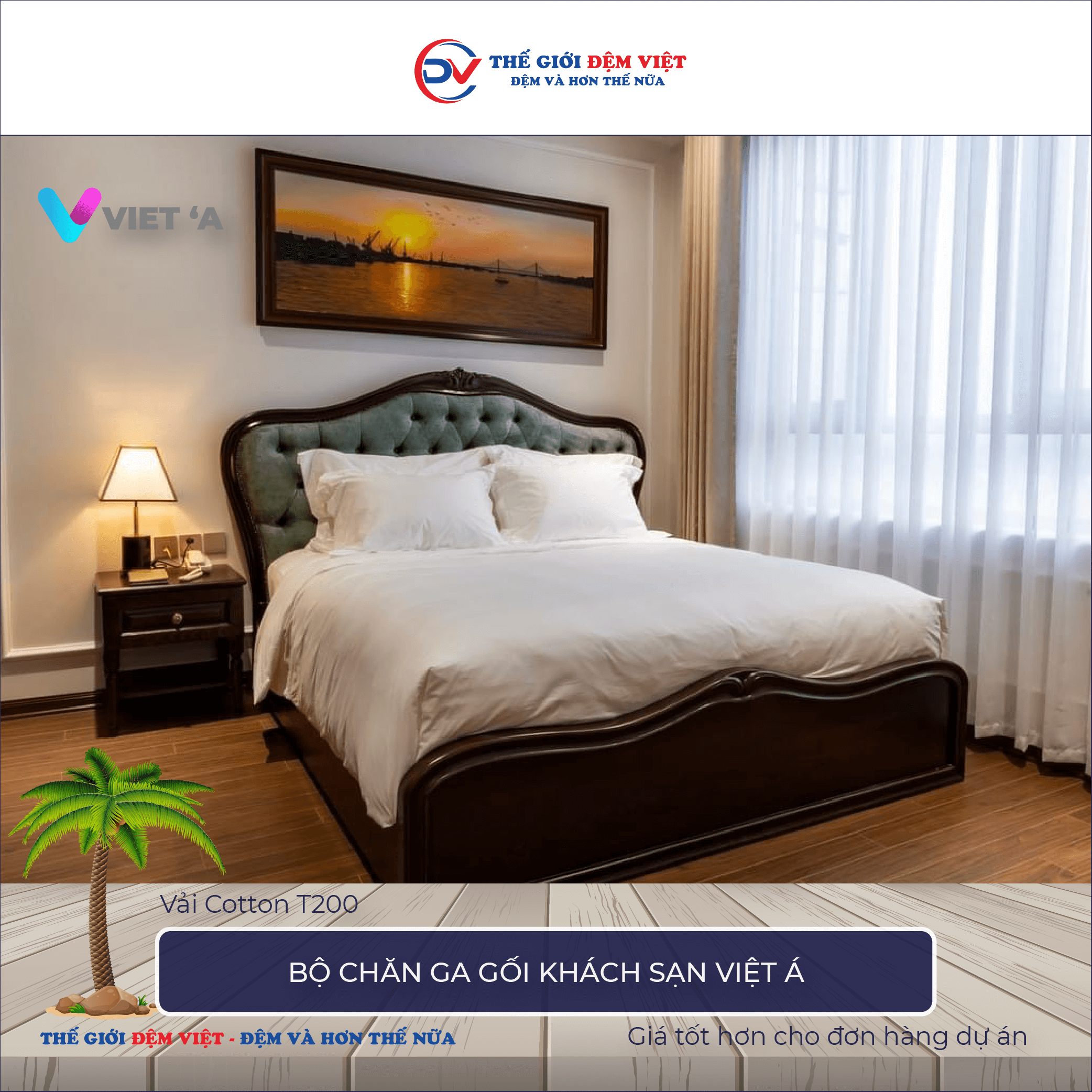 Bộ chăn ga gối khách sạn Việt Á vải Cotton T200 trắng trơn 5-1