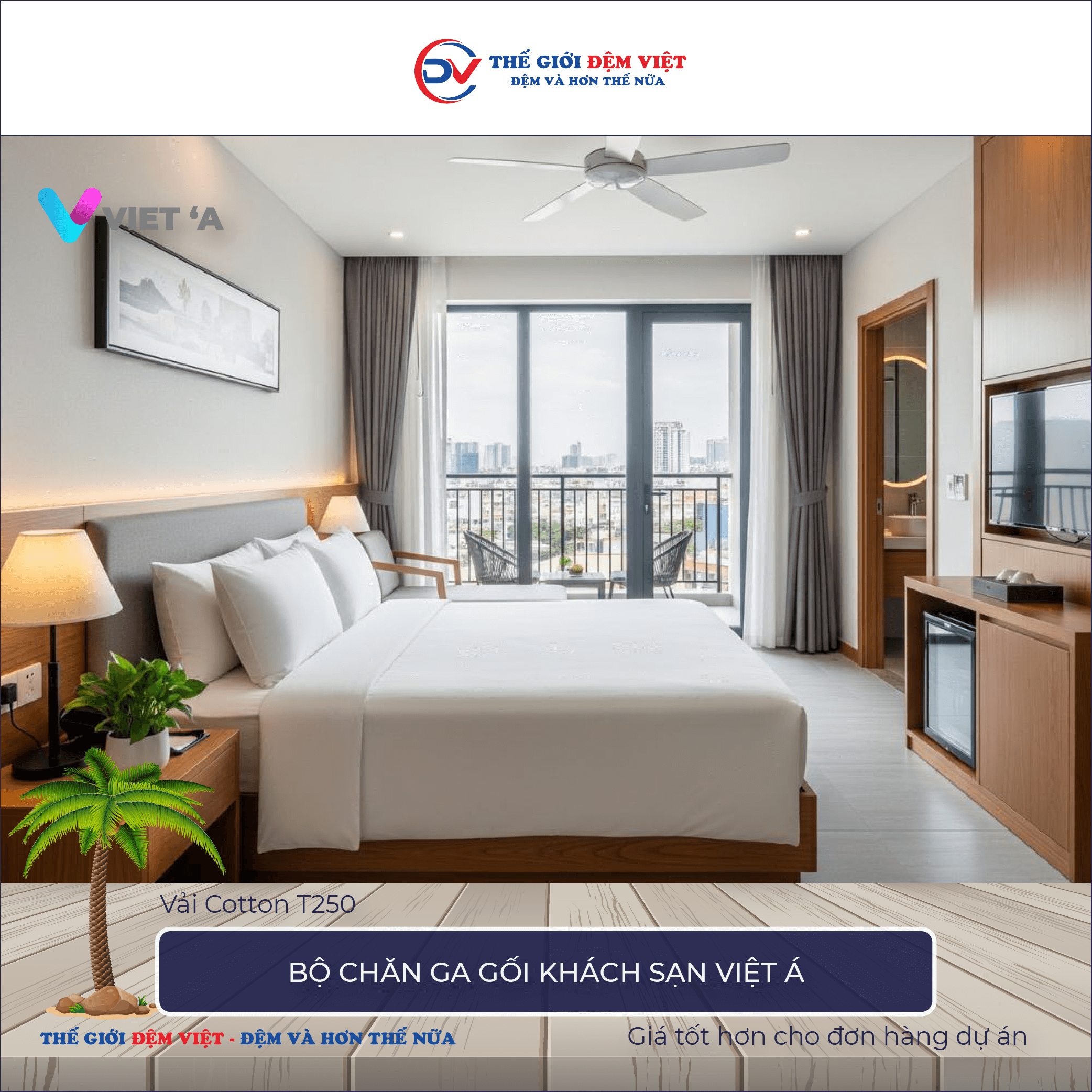 Bộ chăn ga gối khách sạn Việt Á vải Cotton T250 trắng trơn 10-1