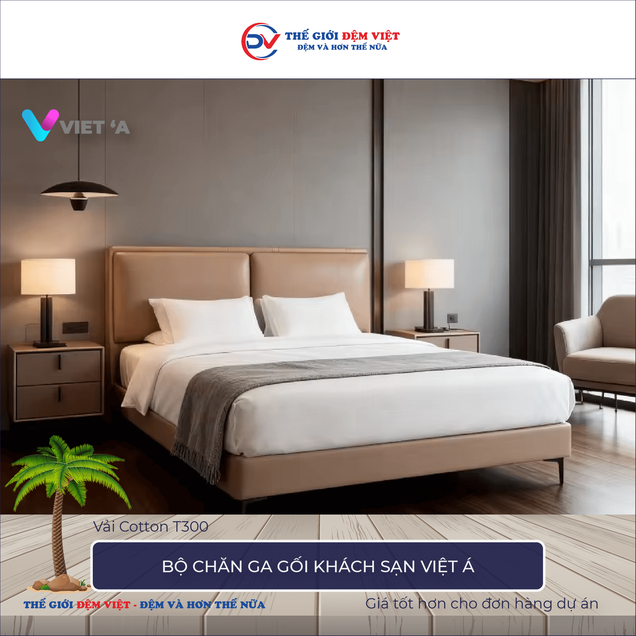 Bộ chăn ga gối khách sạn Việt Á vải Cotton T300 -1