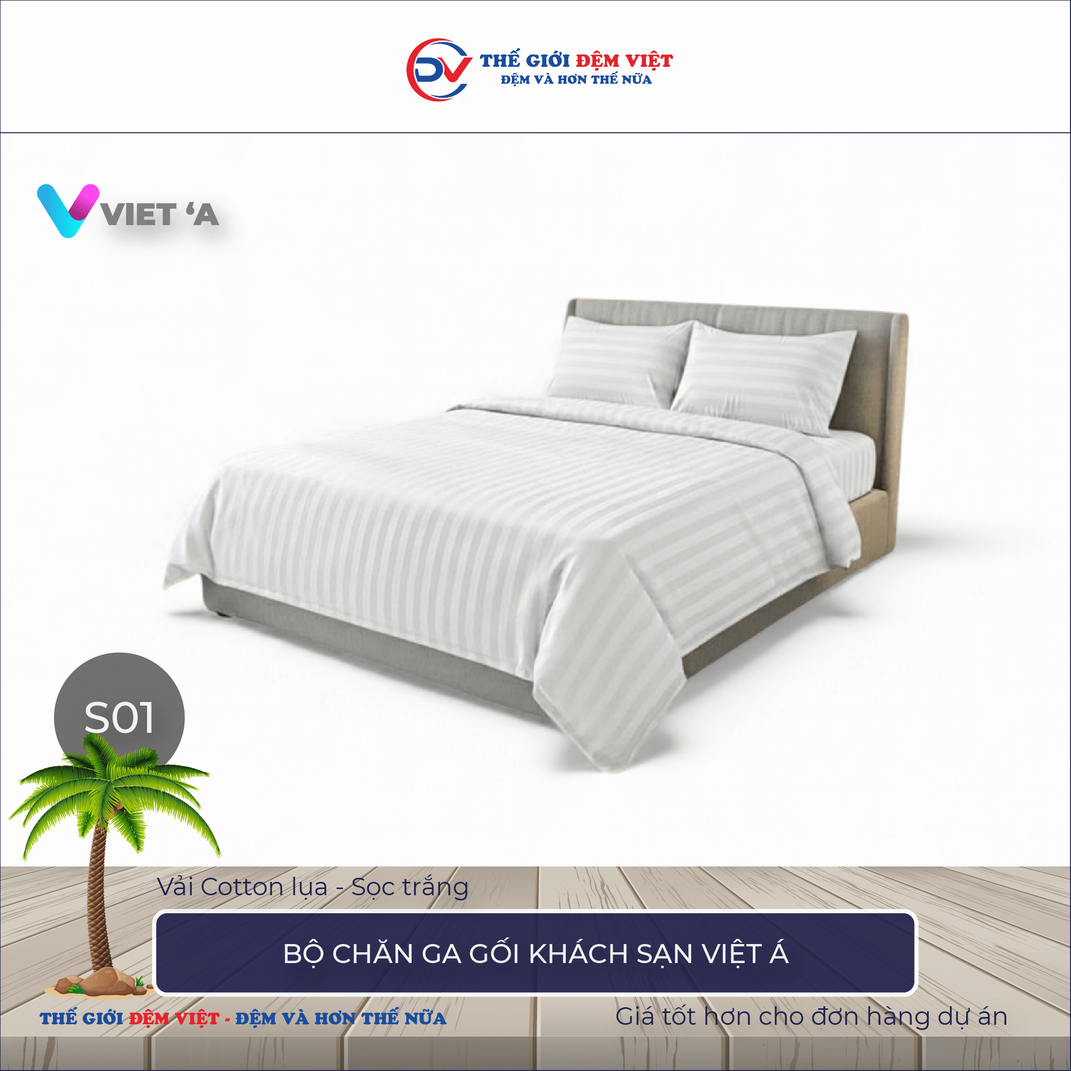 Bộ chăn ga gối khách sạn Việt Á vải Cotton lụa sọc trắng 1-1