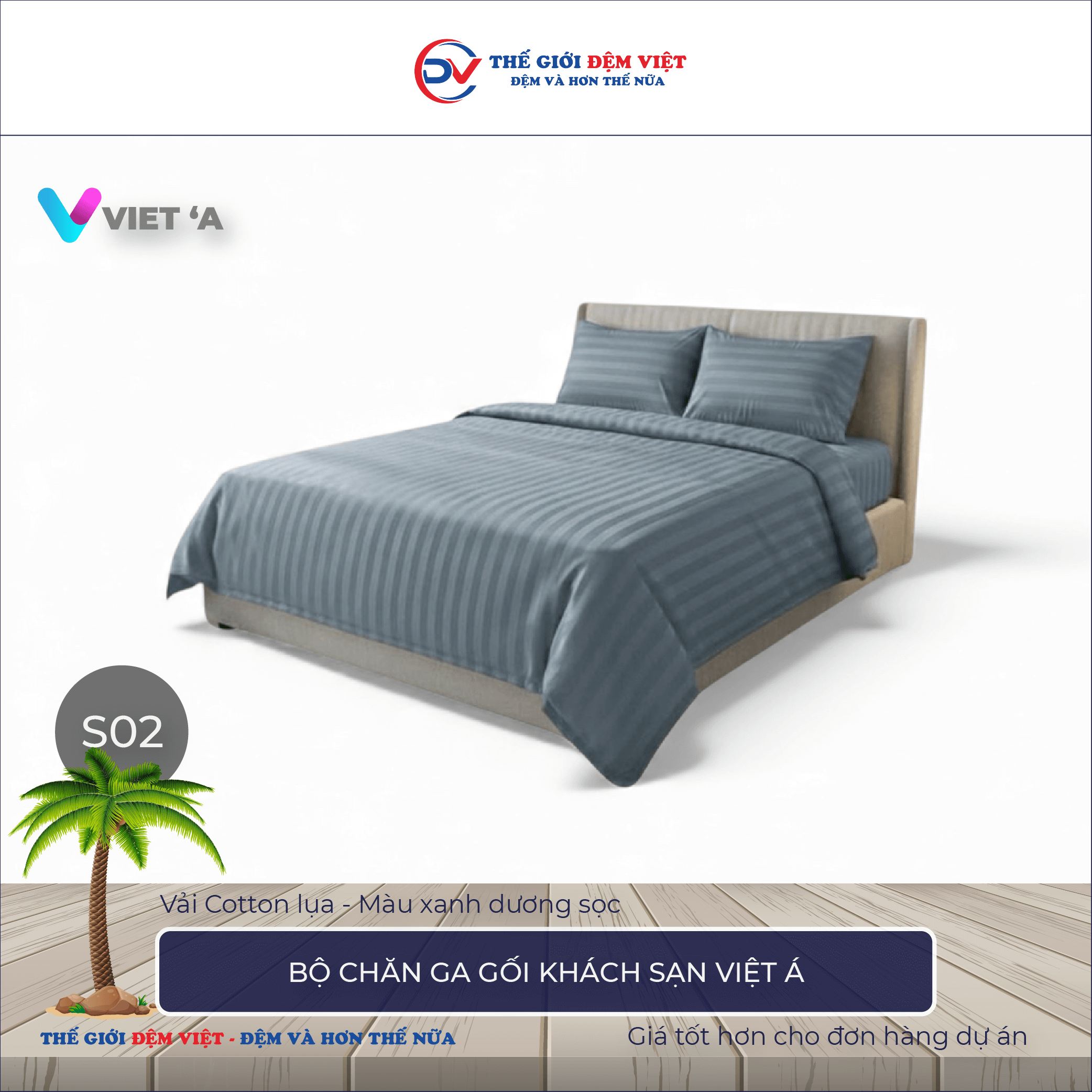 Bộ chăn ga gối khách sạn Việt Á xanh dương sọc 1-1