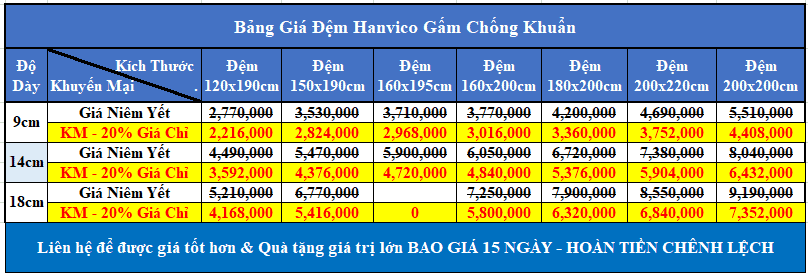 Bảng giá đệm bông ép Gấm chống khuẩn