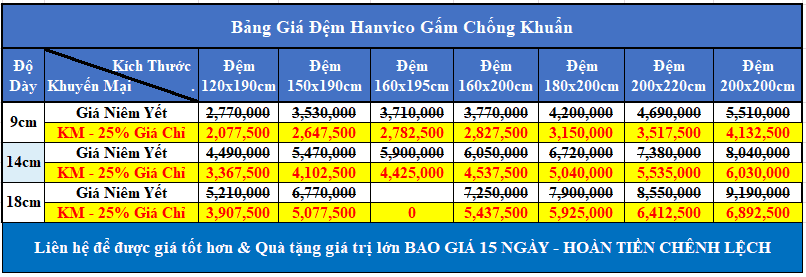 Bảng giá đệm Hanvico gấm chống khuẩn