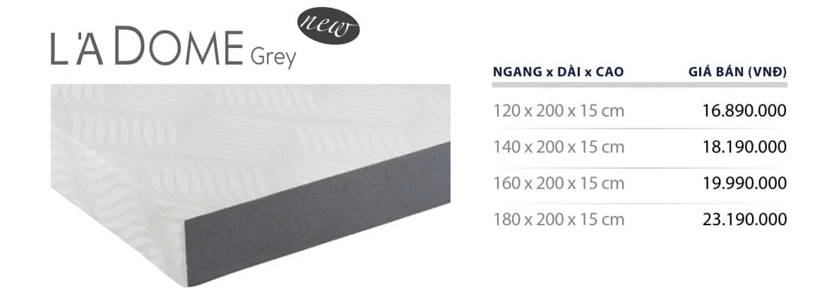 bảng giá nệm cao su liên á l'a dome grey