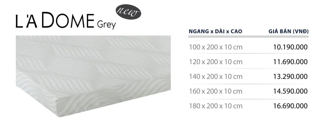 bảng giá nệm cao su liên á l'a dome grey 1